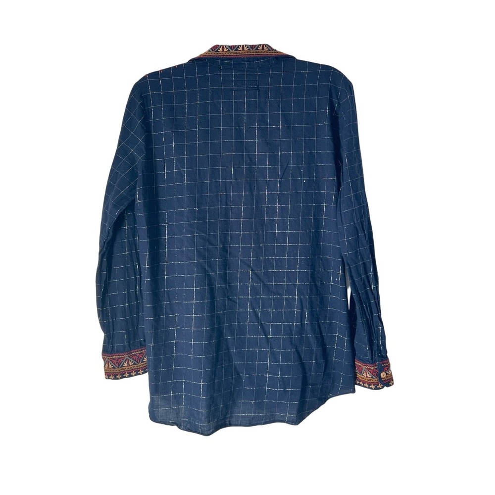 Johnny Was Embroidered Button Up Blouse Shirt Dark Blue Fall Boho Cotton Blend M - Picture 4 of 10